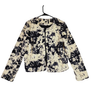 Willow & Clay Faux Fur Jacket sz S Women Splatter Print Black Cream Pockets